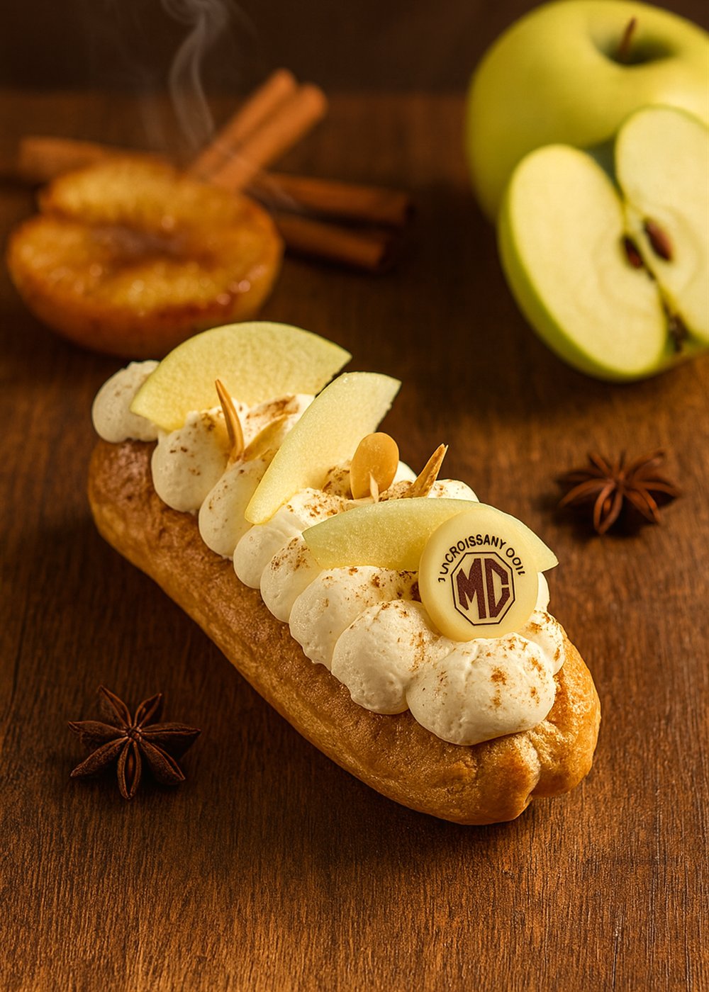 Signature apple pastry eclair with cinnamon and apple slices